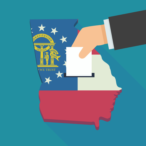 A hand drops a ballot in the 3D Georgia map with the colors of the Georgia state flag on a blue background in a flat design style