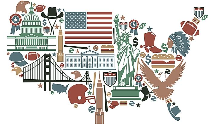 Map of america with icons representing american values