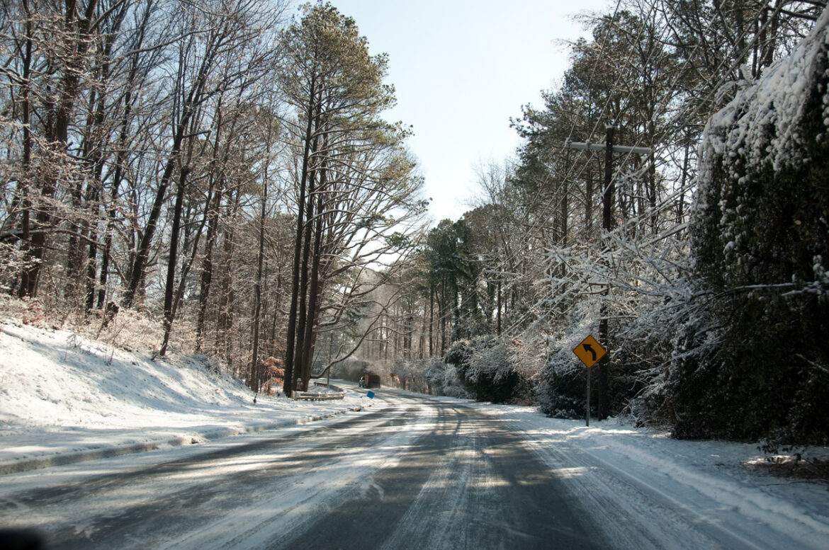 "Driving conditions on an icy road: dangerous, icy and slippery. Photo taken in Atlanta, Georgia.Related Files:"