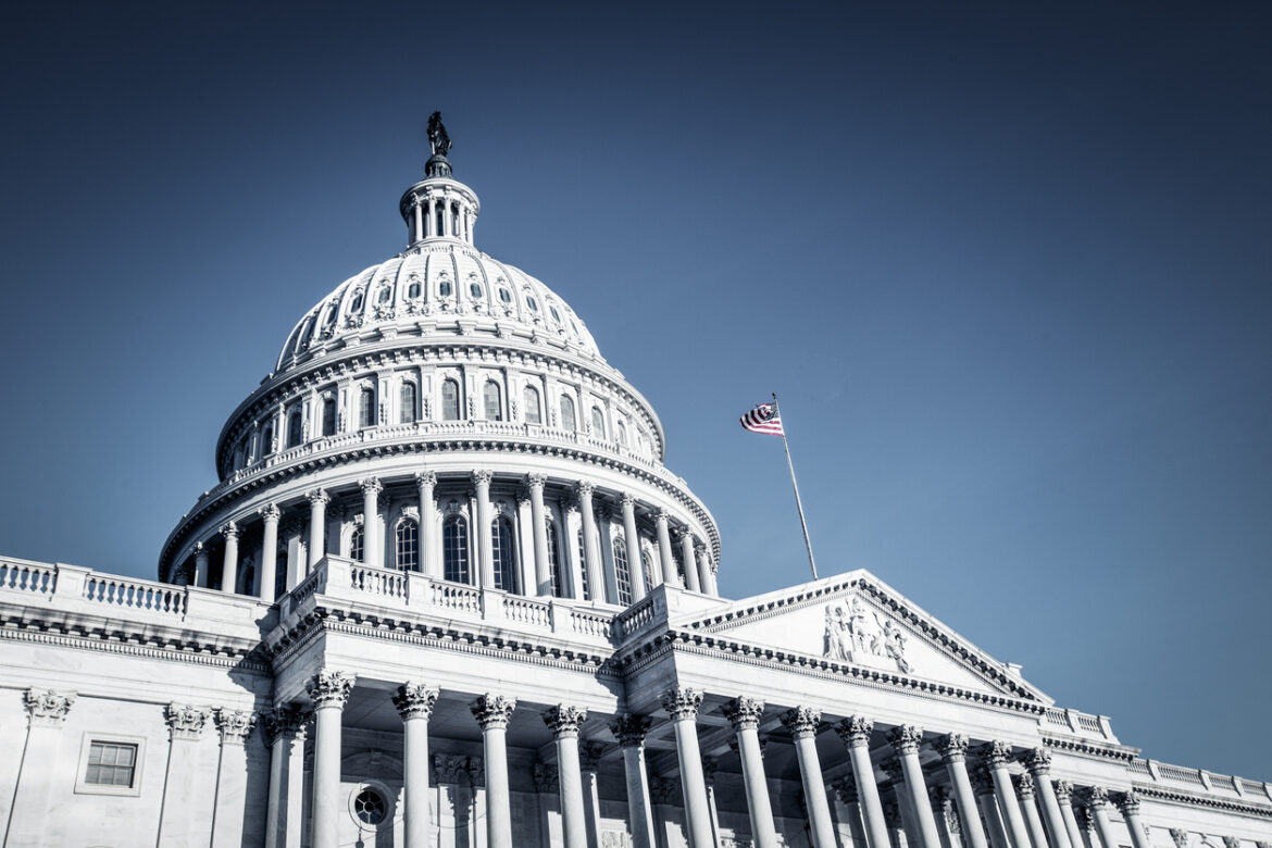 Angled view up at the United States Capitol