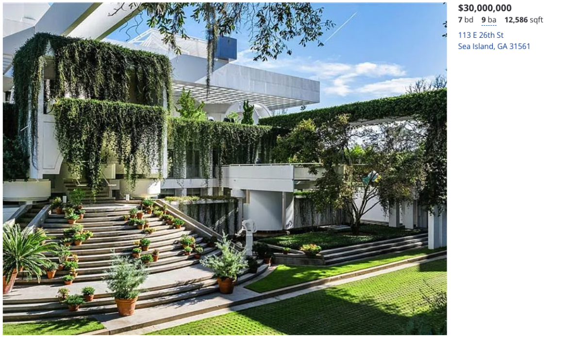 A screenshot of the Zillow listing for a $30 million dollar property located on Sea Island.