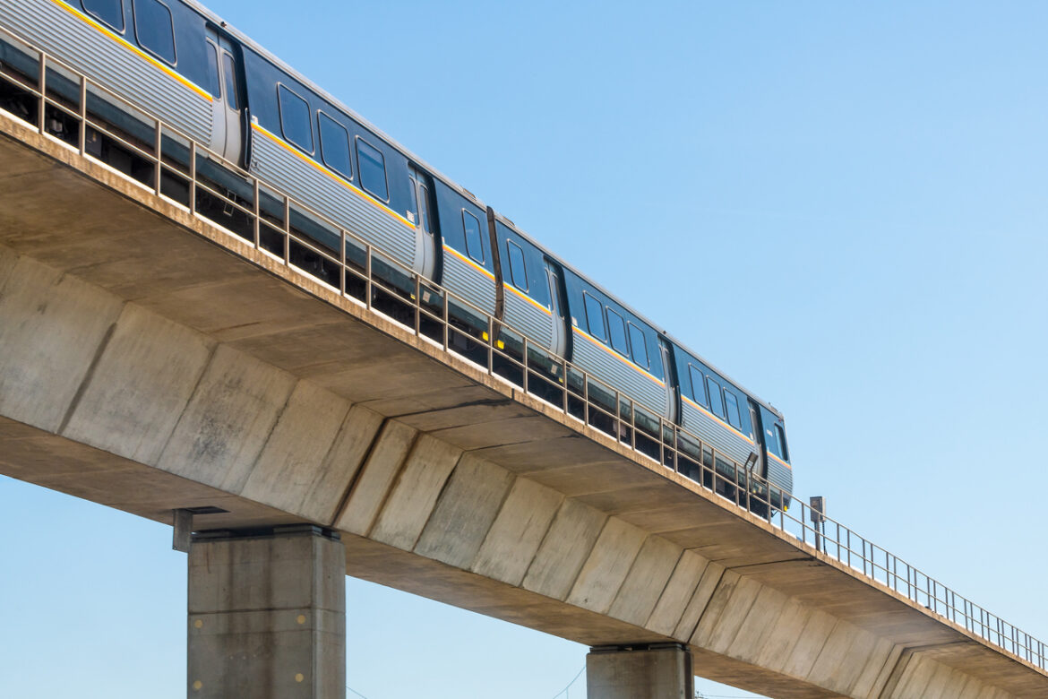 Atlanta, USA - April 20, 2018: Metropolitan Atlanta Rapid Transit Authority Marta subway train public transportation on overpass outside