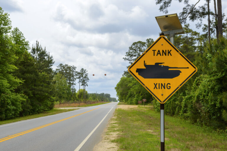 A sign warning of "tank crossing" ahead on a state highway passing through Fort Stewart, the largest U.S. Army installation east of the Mississippi River