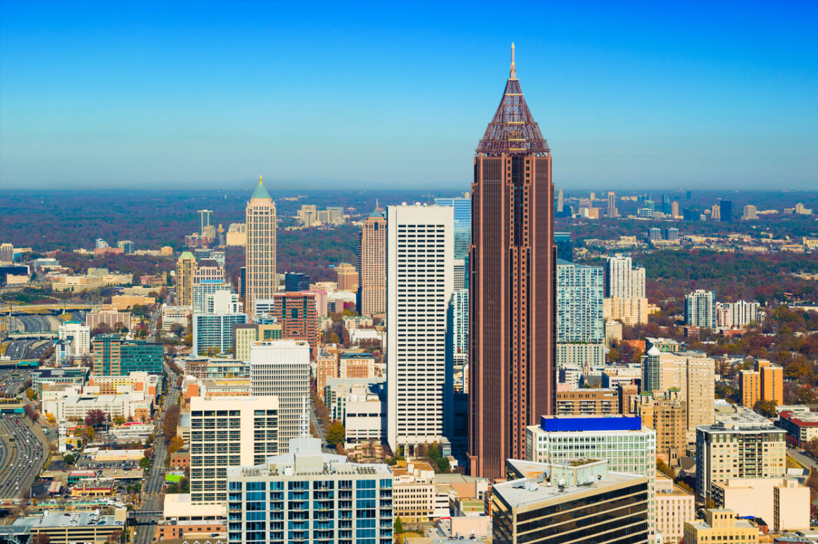 Atlanta skyline aerial at Autumn showing the Bank of America plaza and other skyscrapers and cityscape of Atlanta.