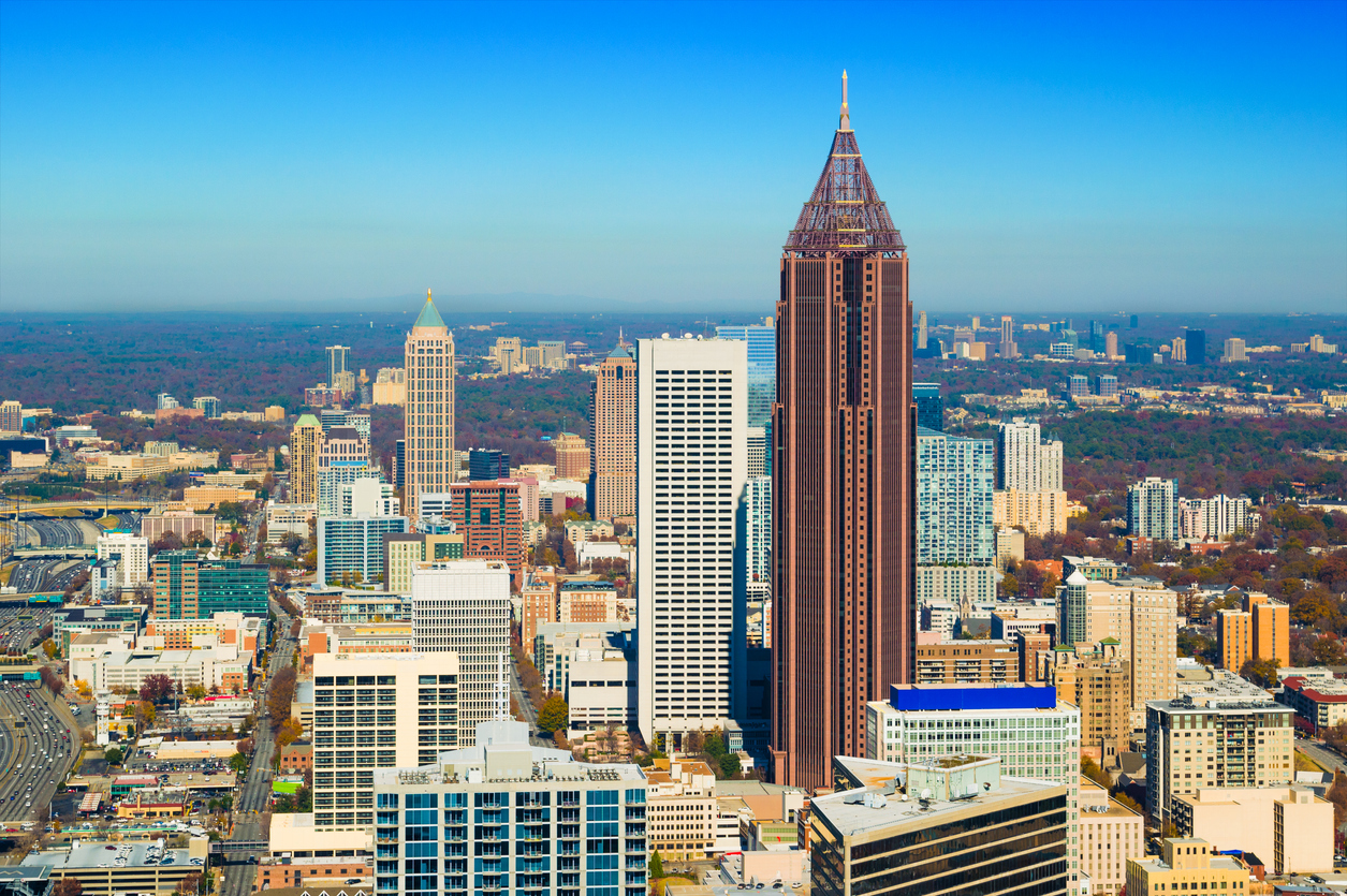 Atlanta skyline aerial at Autumn showing the Bank of America plaza and other skyscrapers and cityscape of Atlanta.