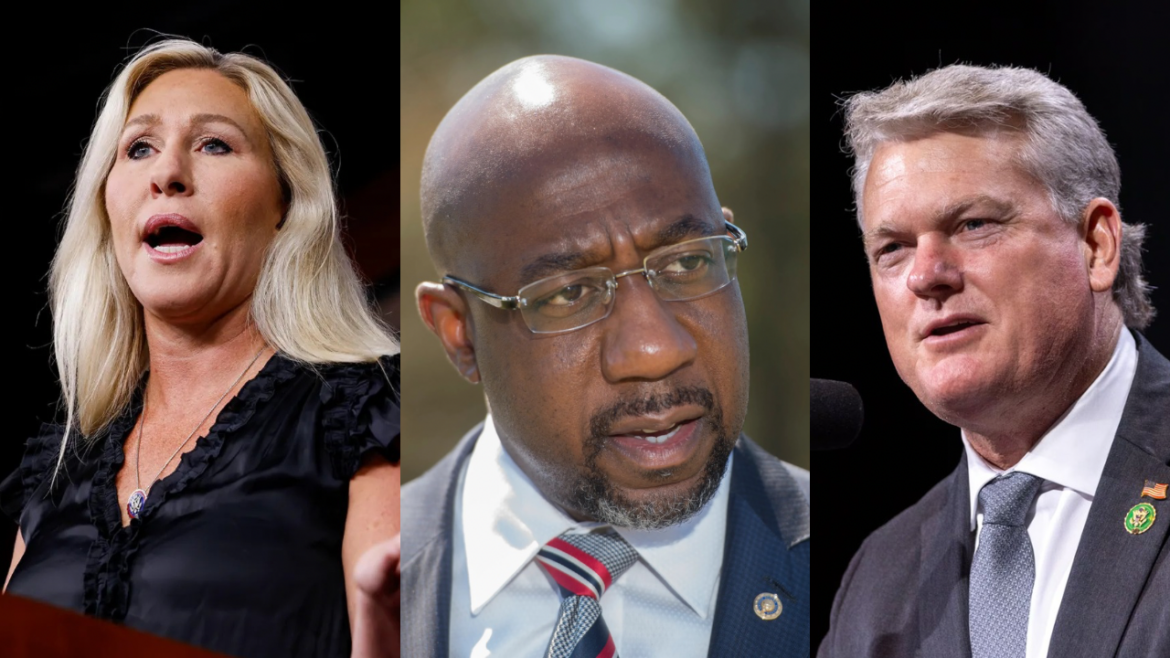 From right to left, U.S. congress peopole Marjorie Taylor Greene, Raphael Warnock and Mike Collins.