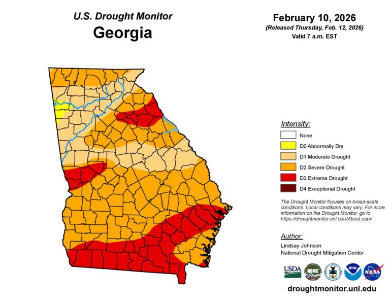 The U.S. Drought Monitor shows extreme drought conditions for areas of Georgia on Feb. 10. Credit: U.S. Drought Monitor.