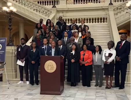 State Sen. Nikki Merritt, D-Grayson, speaks at a news conference at the Georgia Capitol to lay out the Georgia Legislative Black Caucus legislative priorities. Credit: Instagram @ga_blackcaucus.