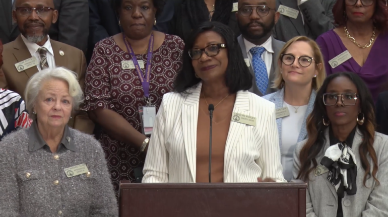 Minority Leader Carolyn Hugley, D-Columbus, listens to a reporters question at a press conference to announce the Georgia House Democrats Affordability Agenda. Credit: Georgia House livestream.