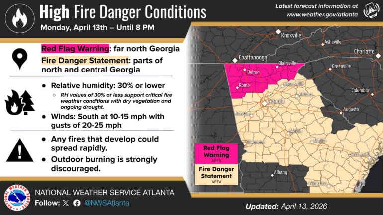 A map showing the Red Flag Warning in North Georgia.