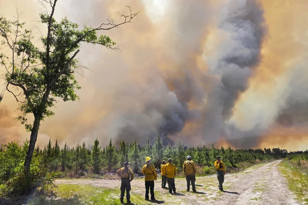 A large smoke cloud rises over pine trees as firefighters monitor the wildfires in South Georgia.