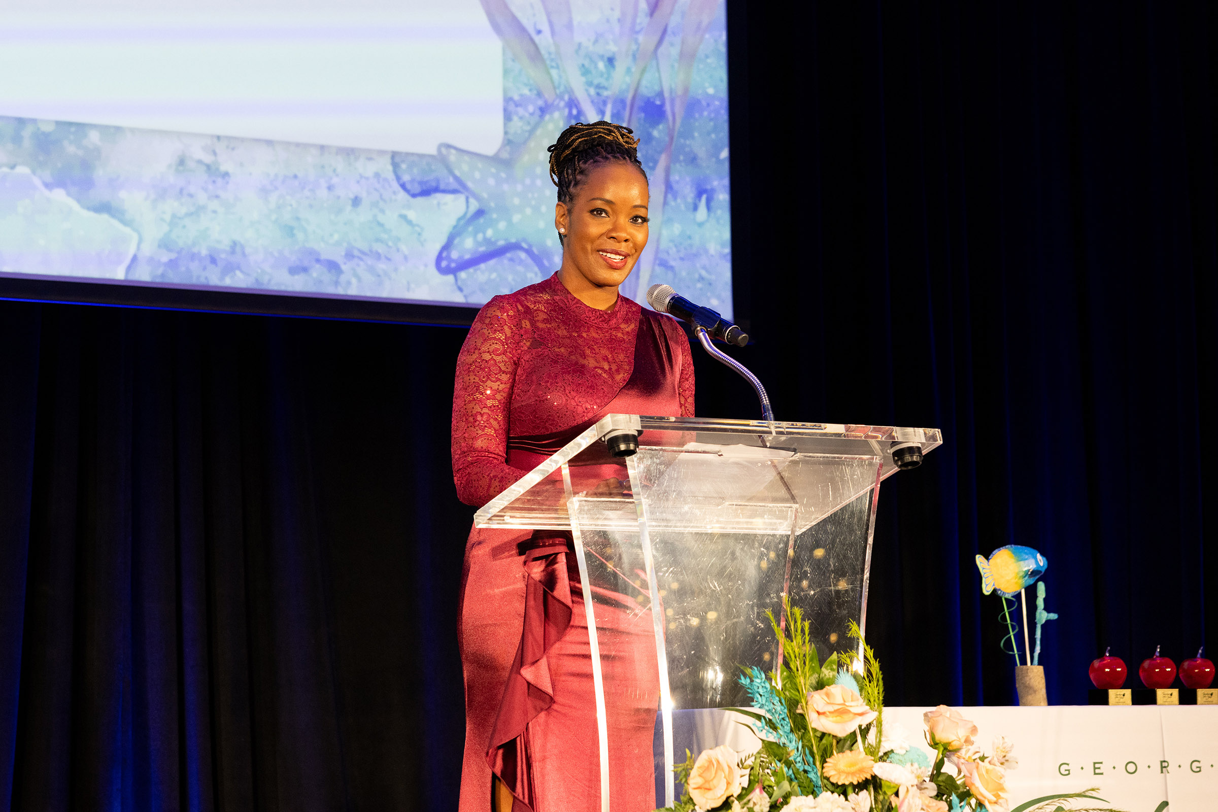 Charm Mapp on stage in gown after being named Georgia's 2027 Teacher of the Year