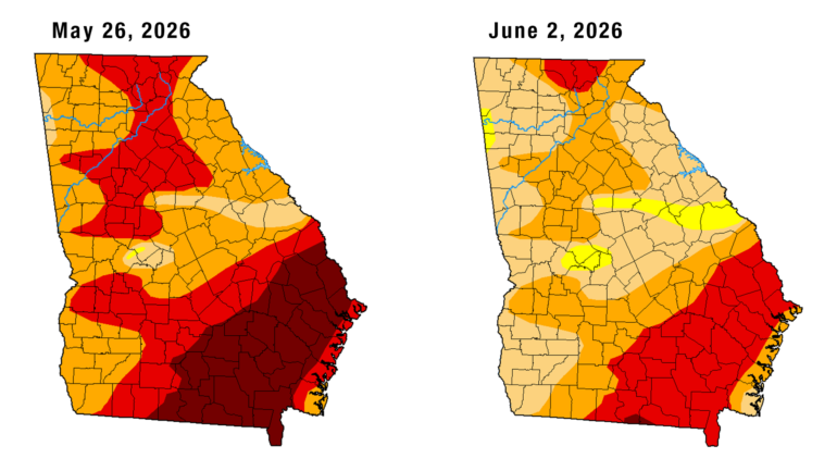 Maps from the U.S. Drought Monitor indicating the severity of the drought in Georgia on May and June.