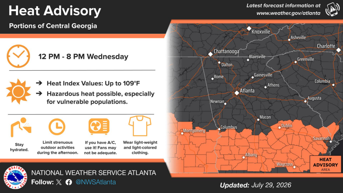 A map from the National Weather Service showing a heat advisory for south Georgia counties.