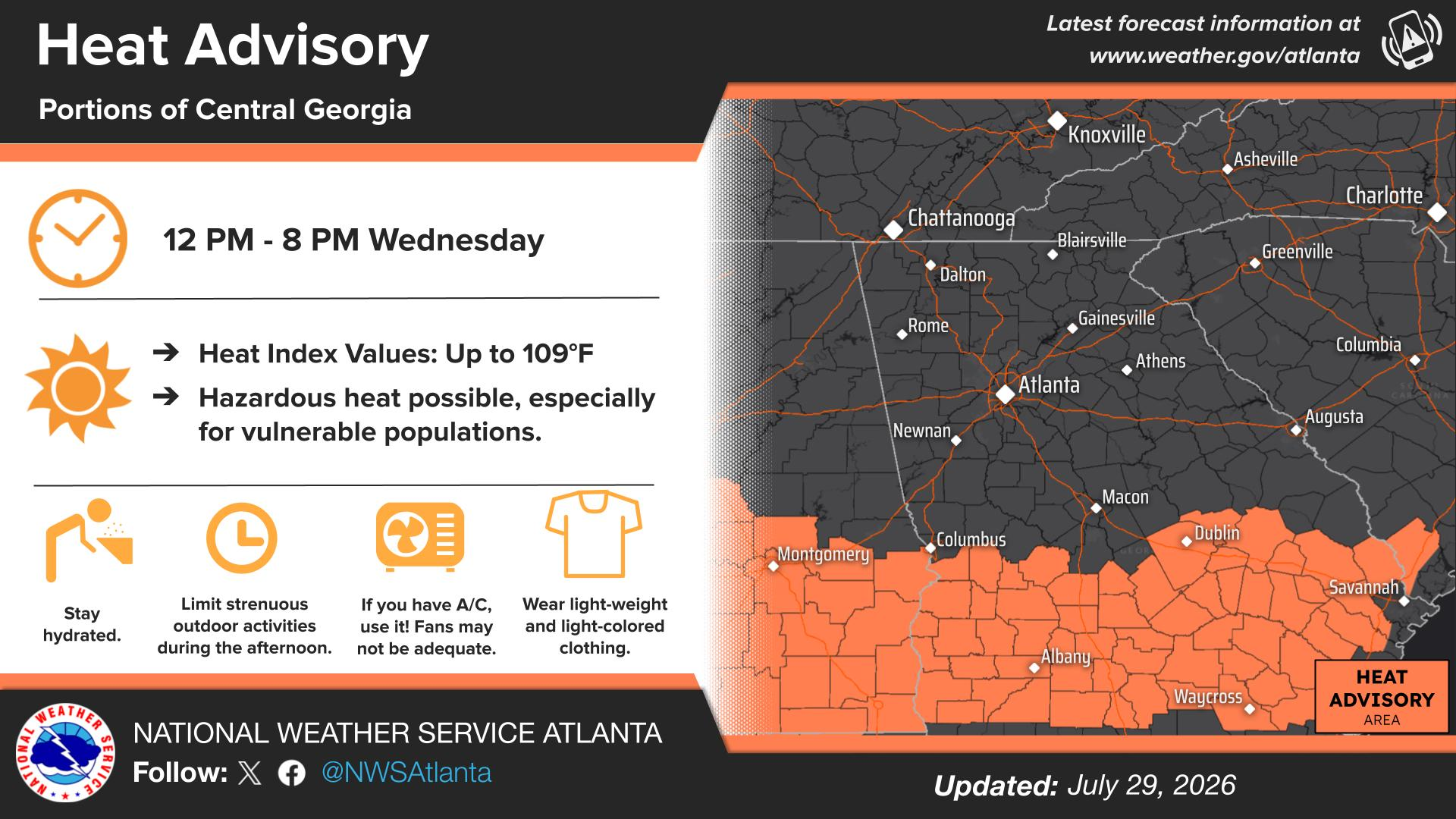 A map from the National Weather Service showing a heat advisory for south Georgia counties.