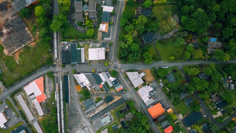 An aerial view of a rural area.