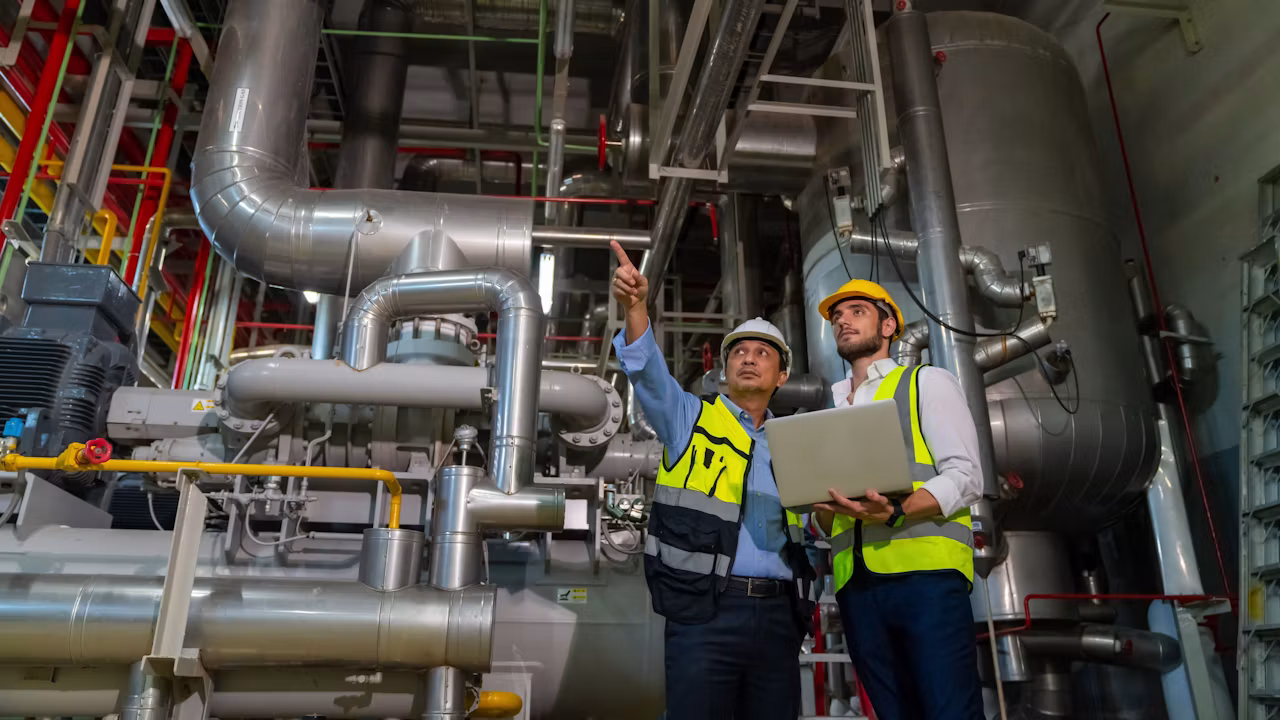 A photo of two workers in a factory. One is pointing at something off screen while the other is holding a laptop. There are pipes in the background.