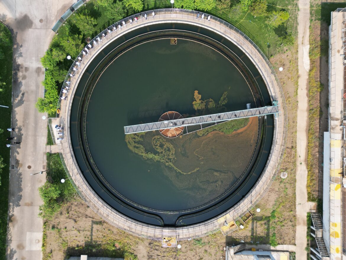 an aerial view of a wastewater treatment plant