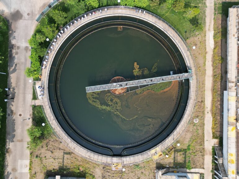 an aerial view of a wastewater treatment plant