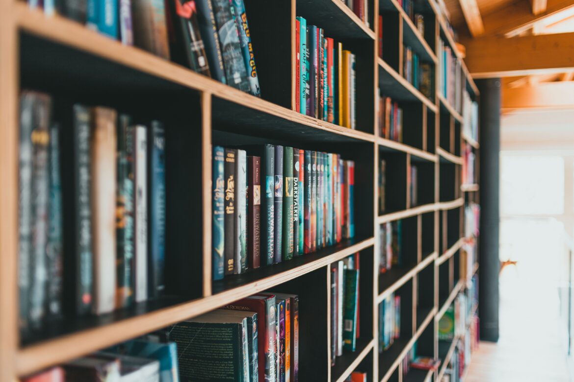 a book shelf in a library