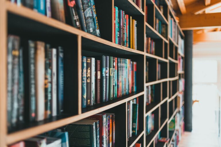 a book shelf in a library