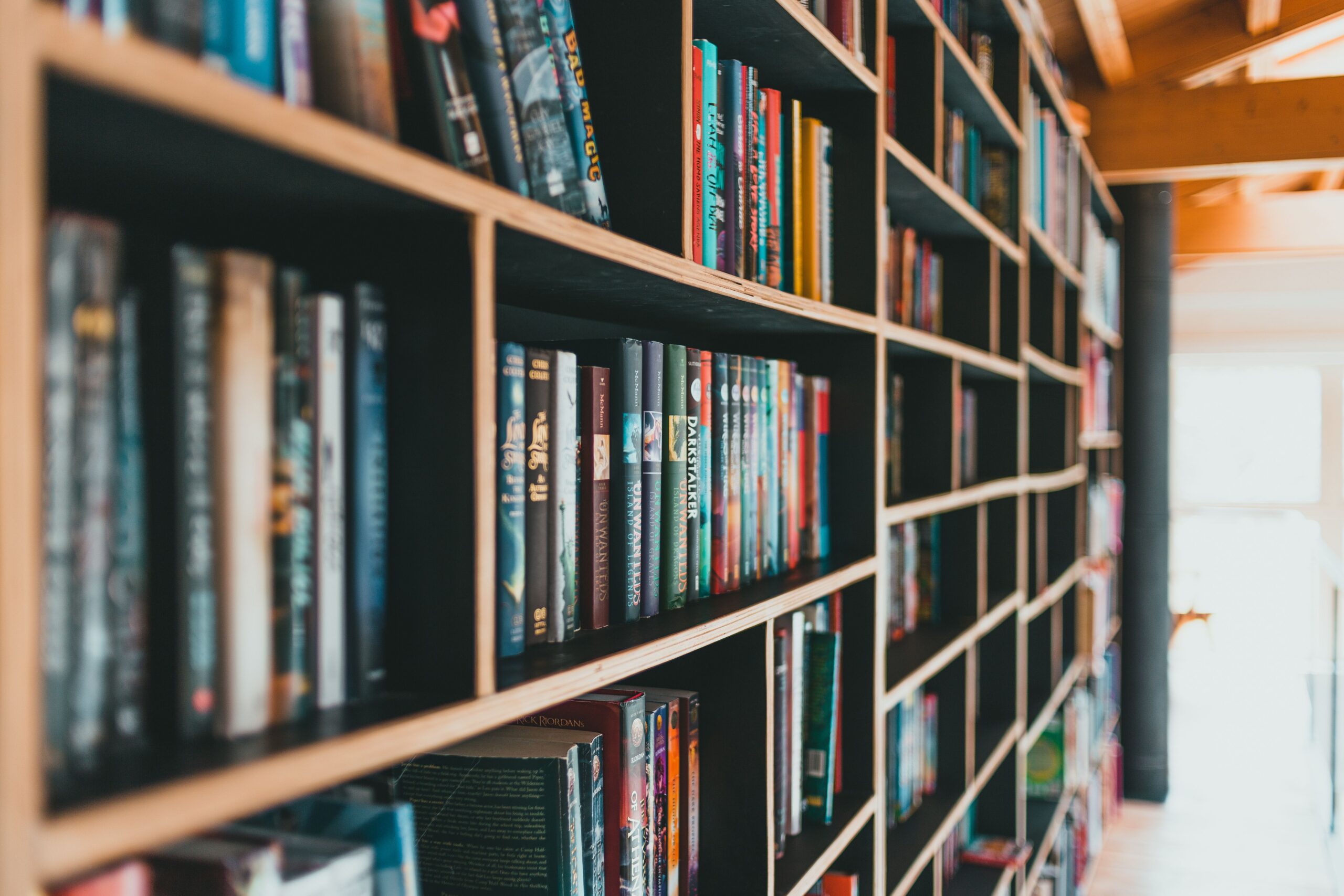 a book shelf in a library