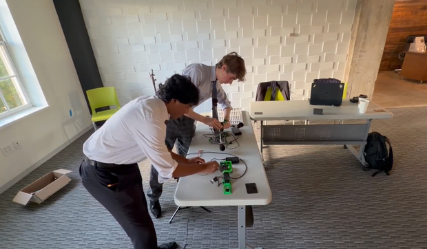 Sokol Technologies co-founders Tejas Balaji and Maxwell Hadaway work on their anti-drone detection system at Georgia Tech.