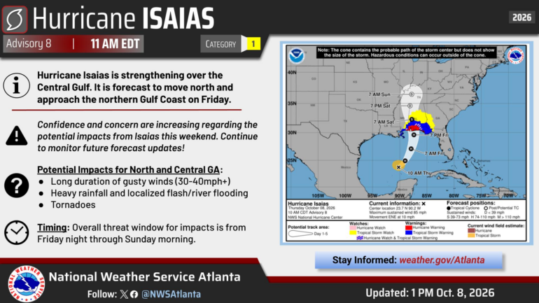 Map from the National Weather Service indicating the path of Hurricane Isaias.
