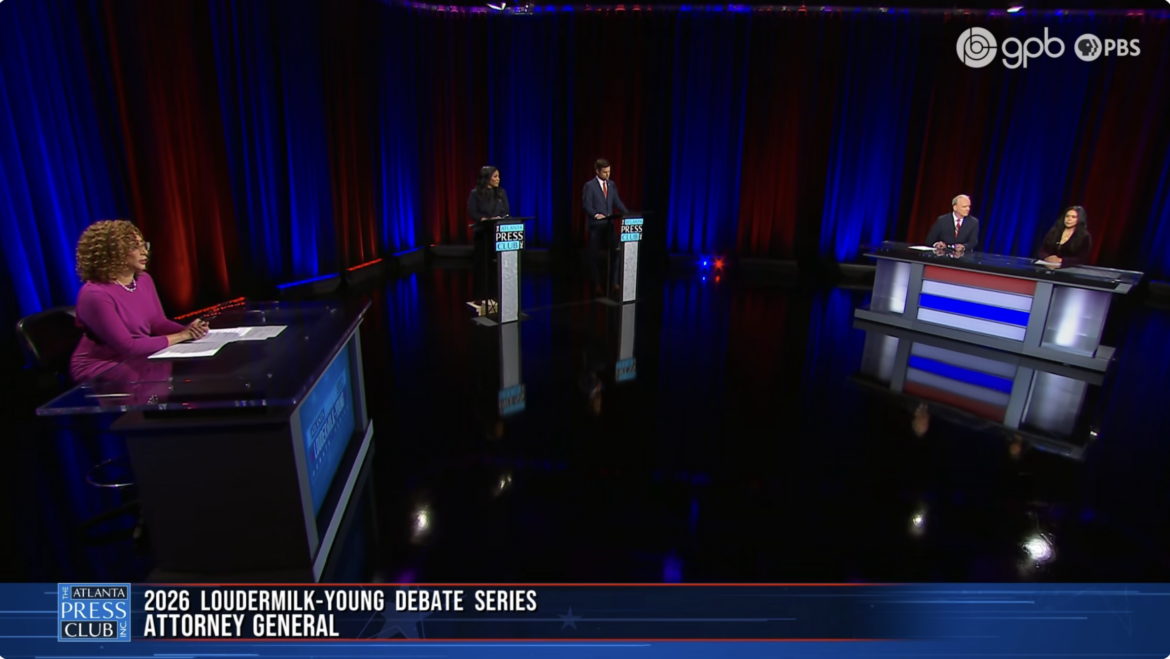 Georgia Attorney General Democratic nominee Tanya Miller and Republican nominee Brian Strickland debate ahead of the November election. Credit: Atlanta Press Club Debates YouTube Page.