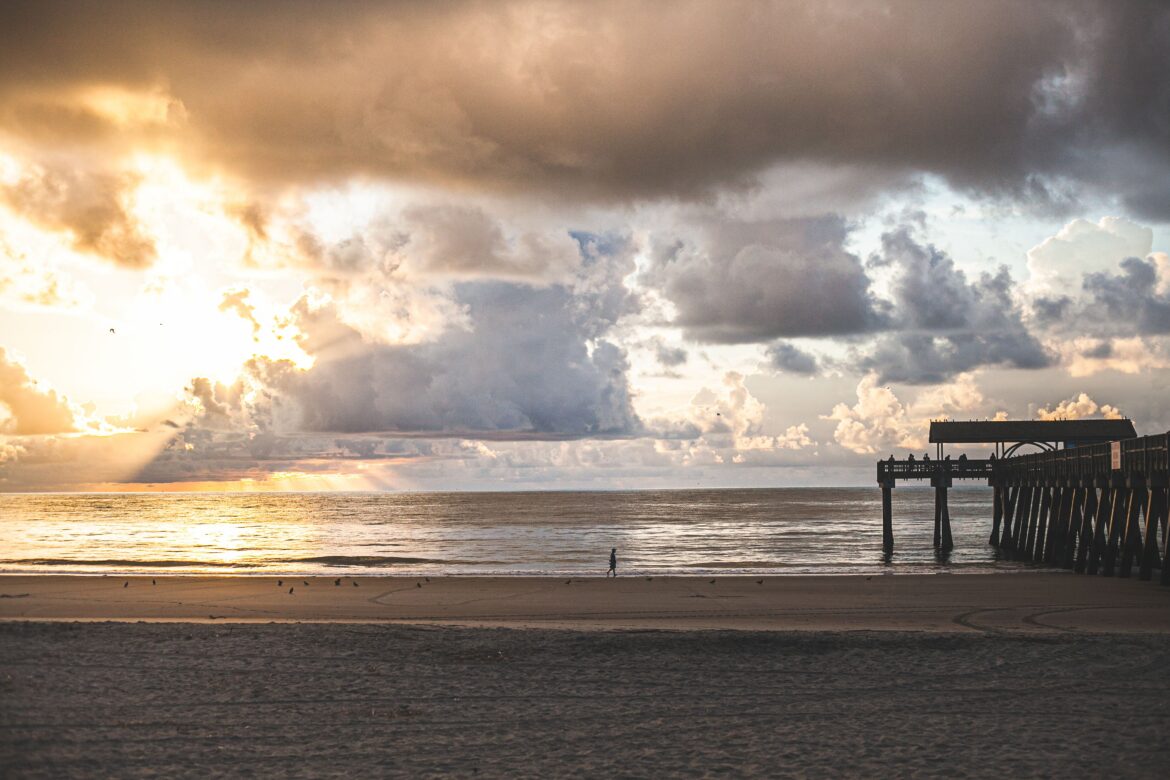 a view of the sunset on a beach near Savannah, Georgia.